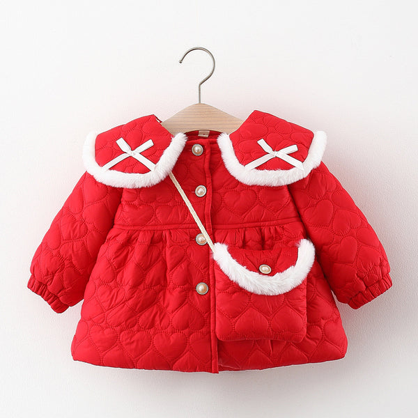 Girls Bow Collar Velvet Coat