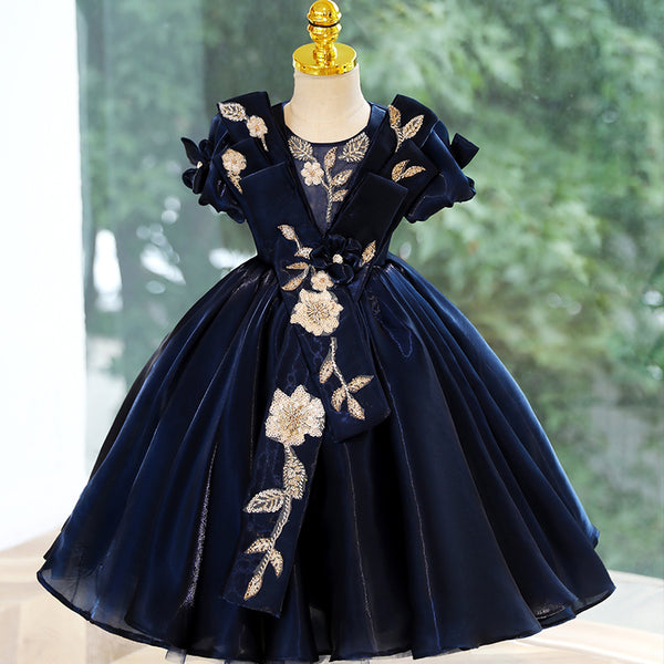 Toddler Girl Elegant Birthday Party Dress Blue Flower Girl Dress