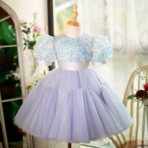 Baby Girl Princess Dress Purple Puffy Sleeves Birthday Party Dress