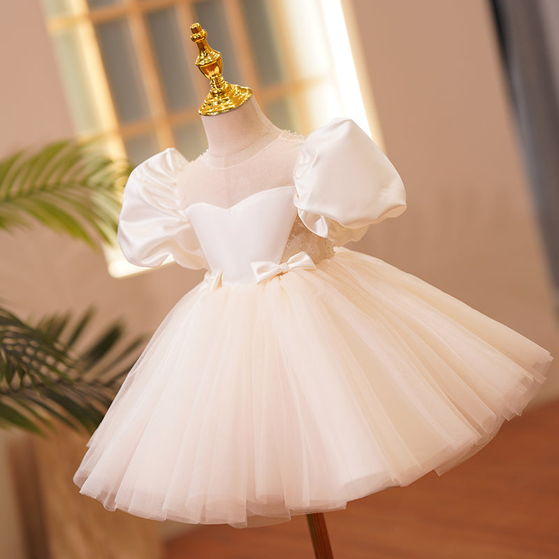 Toddler Ball Gowns Girl Puff Sleeves Bow Pageant Communion Formal Princess Dress