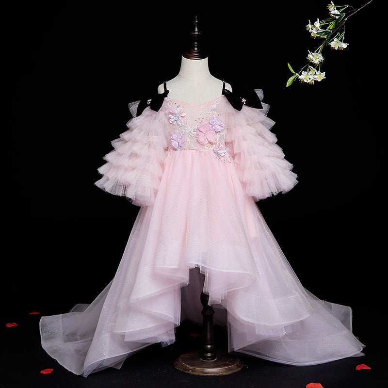 Flower Girl Dress Little Girl Mesh Sleeves Wedding Ball Gown Princess Pageant Dress