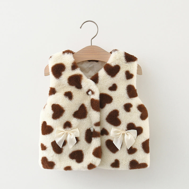 Heart Print Plush Sleeveless Coat
