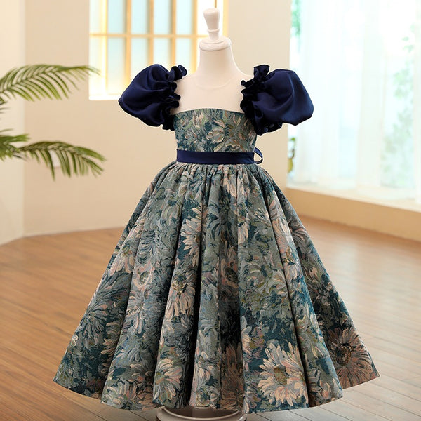 Toddler First Communion Dress Girl Summer Flower Printing Formal Party Princess Dress