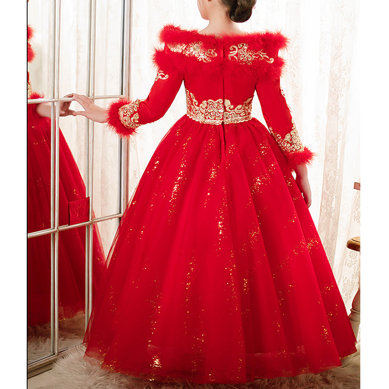 Flower Girl Dress Little Girl Communion Dress Winter Fur Red Long Sleeve Pageant Princess Dress, Red / 5-6 Years (130cm)