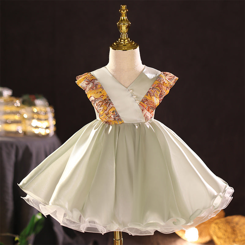 Flower Girl Dress Toddler Birthday Party Elegant V-neck Beaded Bow Princess Dress
