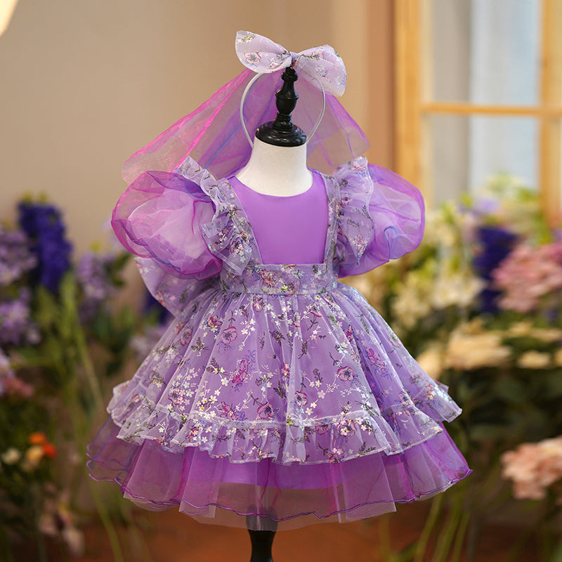 Little Girl Dress Toddler Ball Gowns Bow Purple Birthday Cake Party Dress