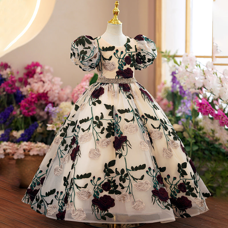 Baby Girl Dress Little Girl Communion Puff Sleeves Rose Embroidery Wedding Party Princess Dress