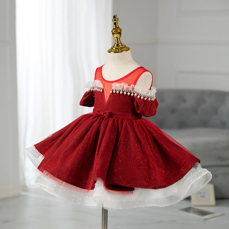 Girl First Communion Dress Toddler Pageant Party Dress Red Beaded Princess Dress