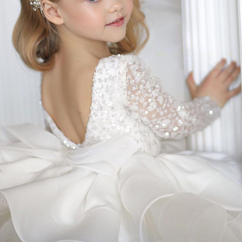 Baby Girl Bowknot Fluffy Sequin Long Sleeve Birthday Party Princess Dress