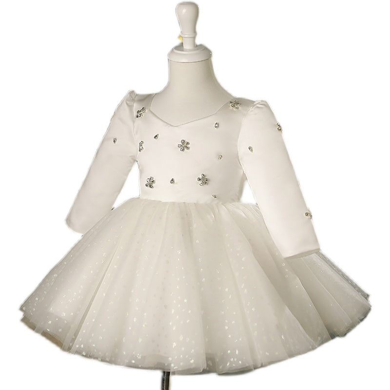 Baby Girl Dress Toddler White Long Sleeve Sequin Flower Girl Dress Fluffy Princess Christening Dress