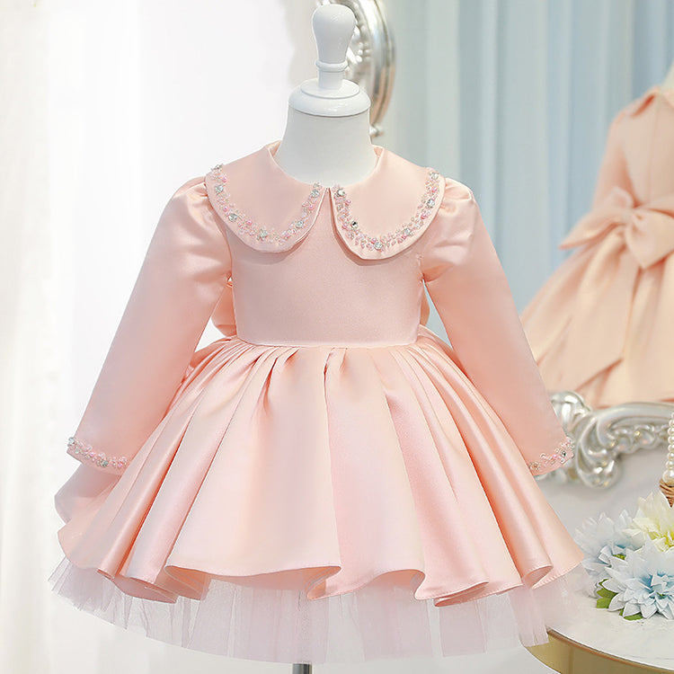 Baby Girl Communion Dress Girl Birthday Party Long Sleeve Doll Collar Beaded Princess Dress