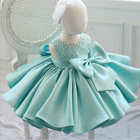 First Communion Dress Baby Girl Formal Princess Dress Toddler Bow Beaded Puffy Flower Girl Dress Birthday Dress