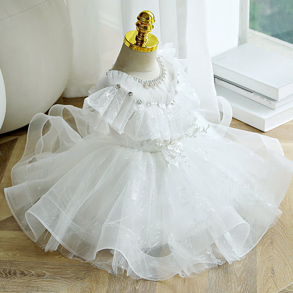 Baby Girl Dress Toddler Flower Baptism White Bead Collar Puffer Christening Princess Dress