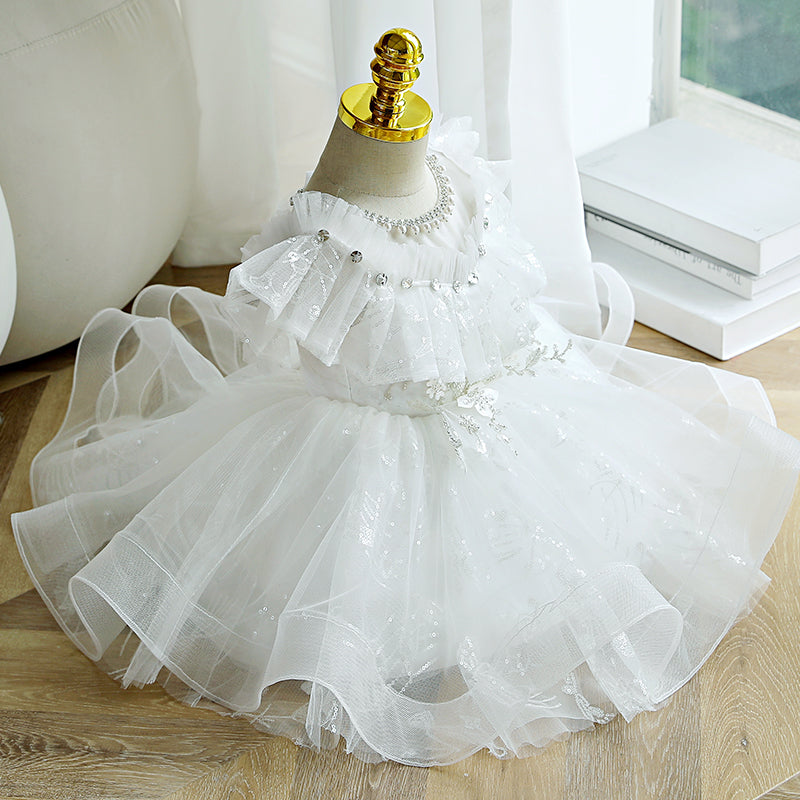 Baby Girl Dress Toddler Flower Baptism White Bead Collar Puffer Christening Princess Dress
