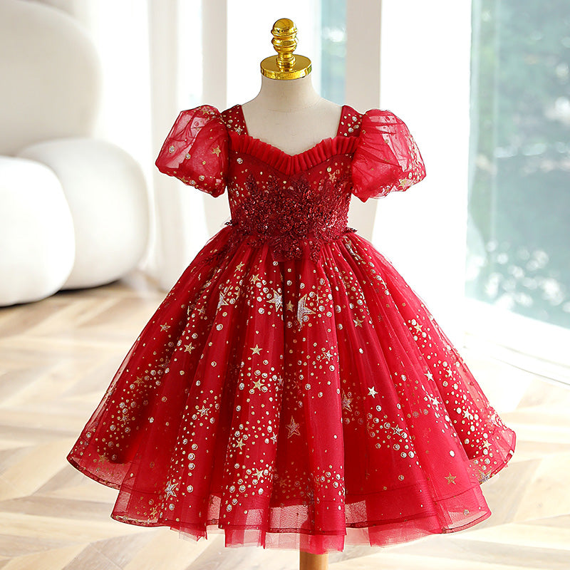 Elegant Girl Puff Sleeve Sequin Birthday Party Show Dress