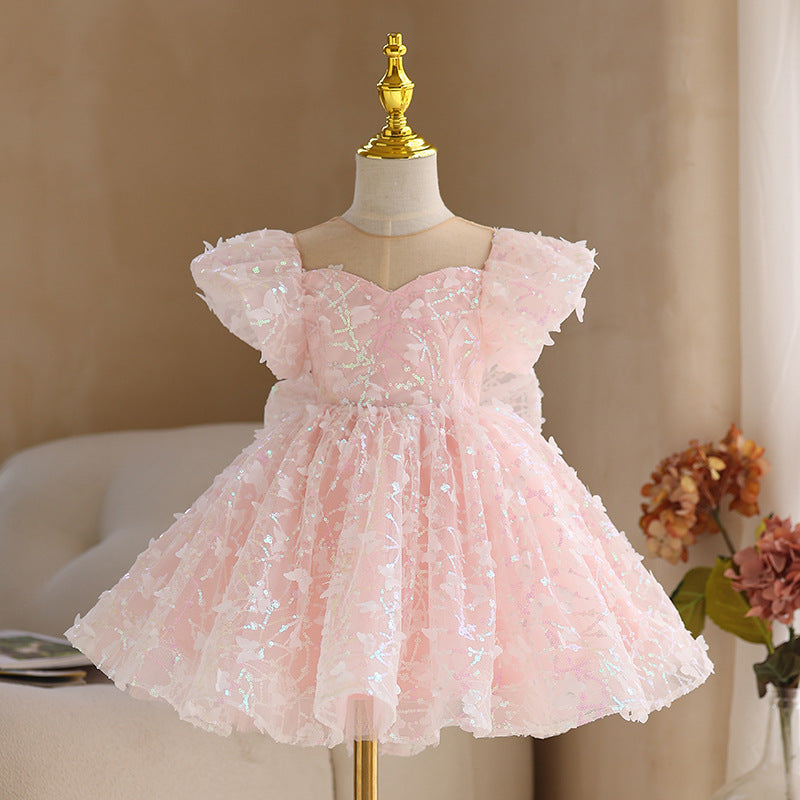 Baby Girl Birthday Party Dress Girls Summer Pink Sequin Bow Fluffy Pageant Princess Dresses