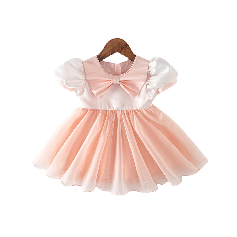 Baby Girl Dress Toddler Party Puff Sleeves Pink Bow Puffy Princess Dress