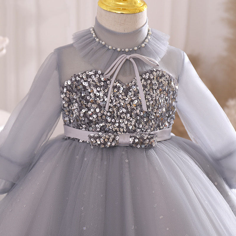 Girls Birthday Party Dress Long Sleeve Sequin Flower Girl Puffy Pageant Princess Dress