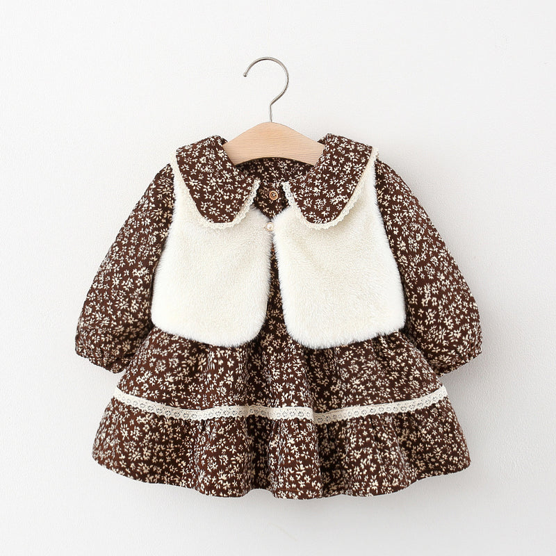 Rabbit Collar Fur Vest Floral Two-Piece Dress