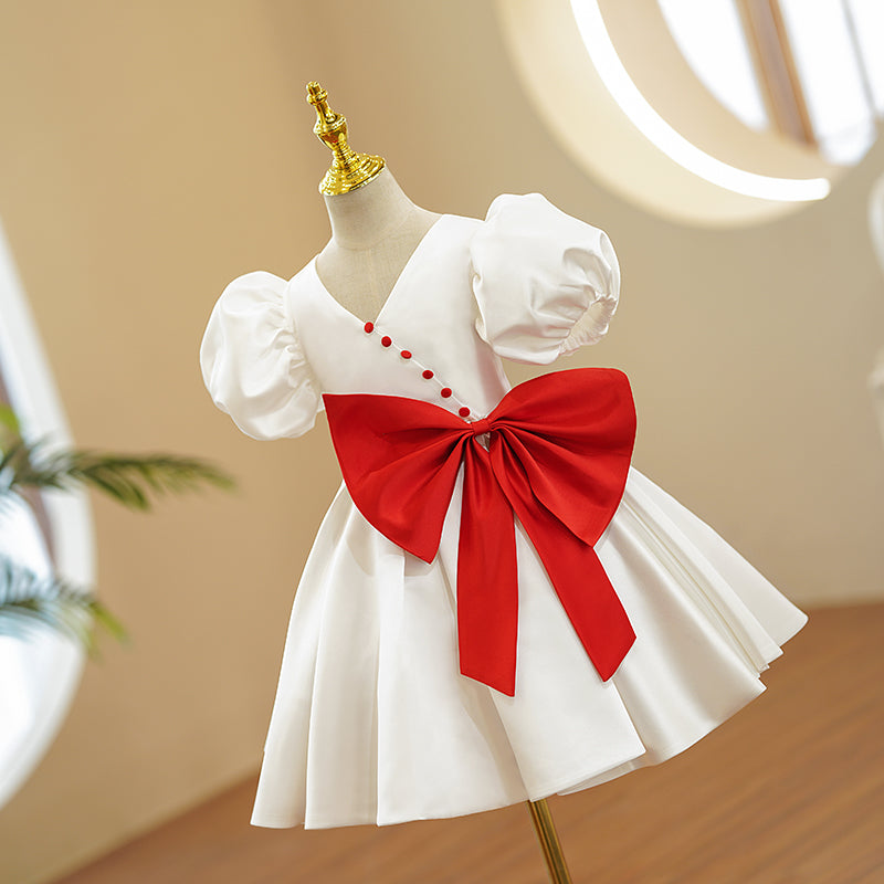 Baby Girls First Communion Dress Girl Red Bow Wedding Puff Seeves Birthday Princess Dress