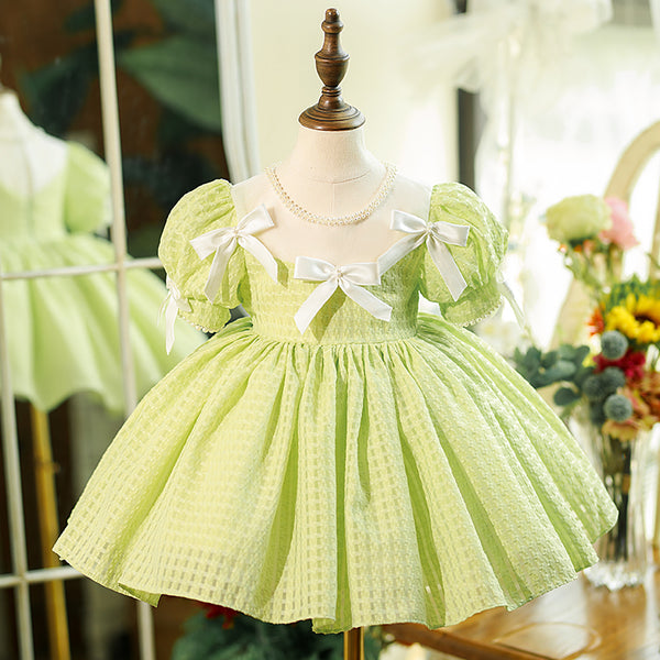 Baby Girl Daily Dress Toddler Summer Green Bow Knot Puff Sleeve Birthday Party Dress