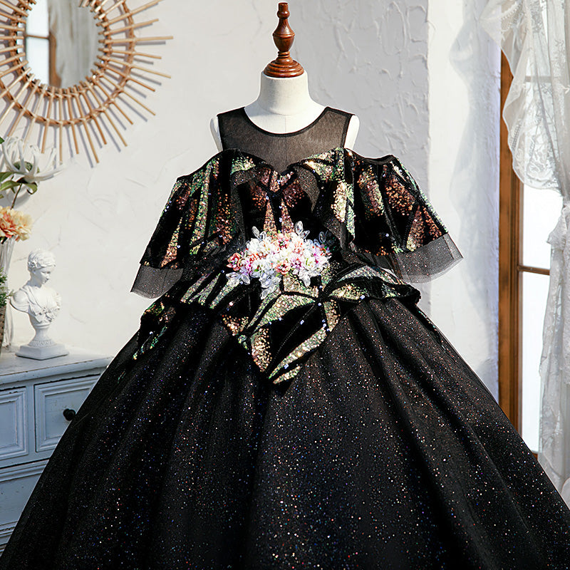 Little Girl Princess Dress Children Summer Black Sequin Fluffy Birthday Party Dress