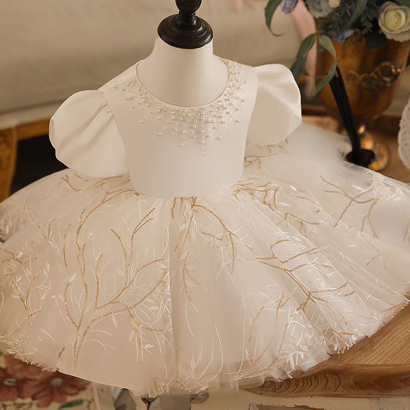 Toddler Ball Gowns Girl Christening Vintage Puff Sleeve Beaded Princess Dress