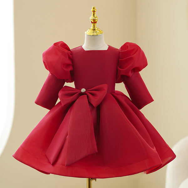 Girl Christmas Dress Toddler Prom Dress Girl Princess Dress Red Long Sleeve Bow Puffy Party Dress