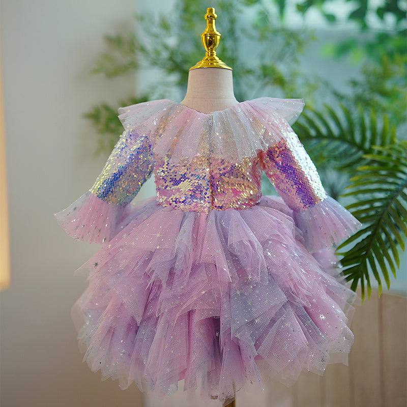 Baby Girl and Toddler Princess Dress Pink Sequin Mesh Cake Fluffy Birthday Party Dress