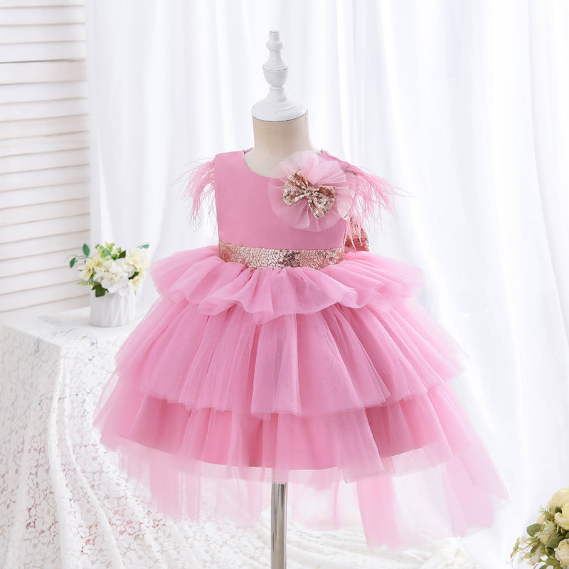 Flower Girl Dress Toddler Communion Pageant Cute Bow Princess Trailing Birthday Dress