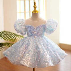 Baby Girl Birthday Party Dress Blue Sequin Bubble Princess Dress