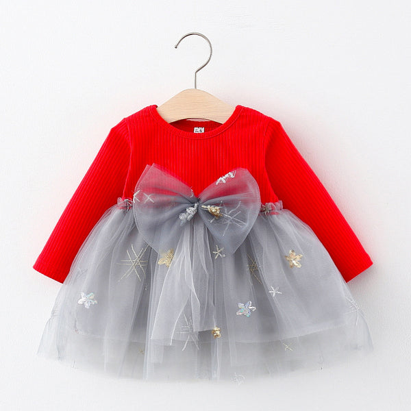 Baby Girl Cute Long Sleeve Sequins Bow Princess Dress