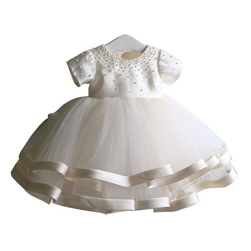 Baptism Dresses Baby Girl Summer White Bead Puffy Mesh Birthday Party Dress