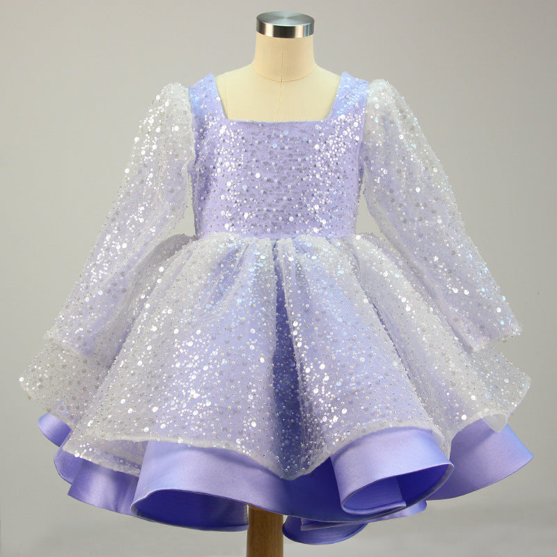 Girl Formal Princess Dresses Baby Girl Bow Mesh Long Sleeve Sequined Christening Dress