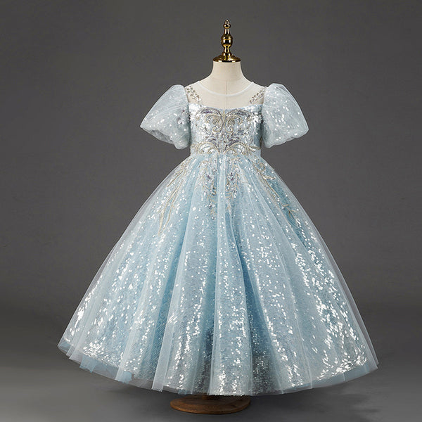 Sky Blue Sequined Puff Sleeve Princess Dress