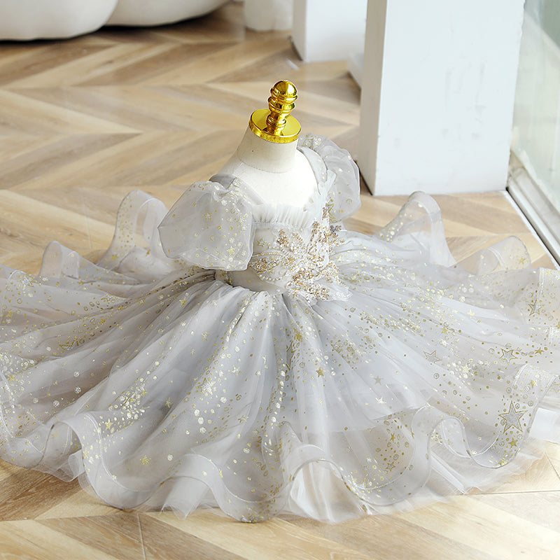 Elegant Girl Puff Sleeve Sequin Birthday Party Show Dress