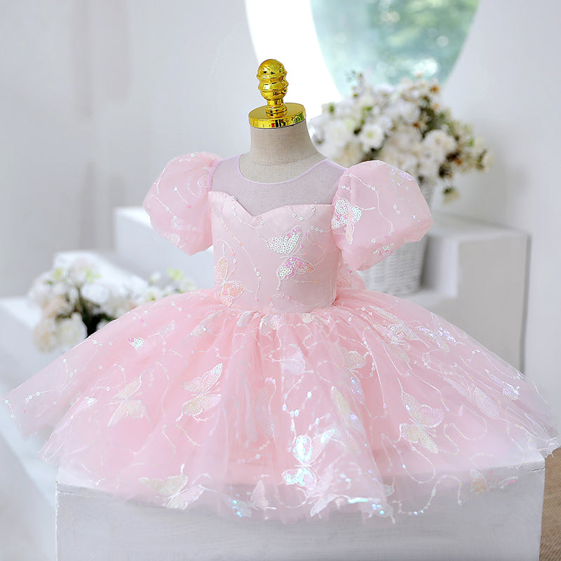 Girl Formal Princess Dress Baby Girl Pink Butterfly Sequins Birthday Party Dress