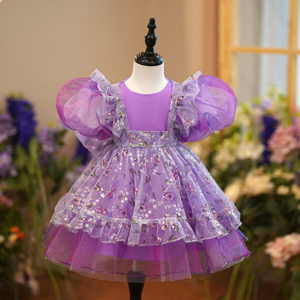 Little Girl Dress Toddler Ball Gowns Bow Purple Birthday Cake Party Dress