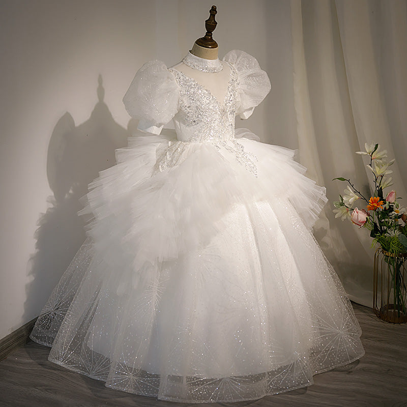 Children First Communion Dress Flower Girl White Elegant Pageant Wedding Puffy Princess Dress