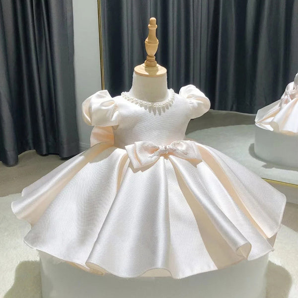 Baby Girl Princess Dresses Girl Bow Cake Puffy Sleeve Bead Collar Birthday Party Dresses Toddler Ball Gowns