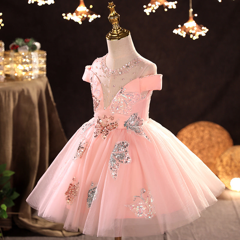 Baby Girl First Communion Dress Girl Pink Sequin Butterfly Mesh Fluffy Princess Party Dress