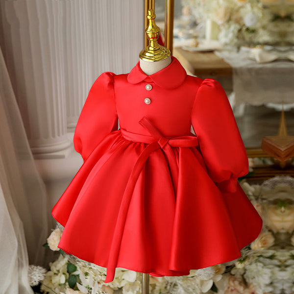Baby Girl Birthday Party Dress Red Doll Collar  Princess Dress