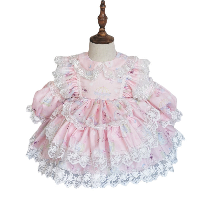 Baby Girl Pink Long Sleeve Lolita Lace Dresses Girl Princess Party Dresses