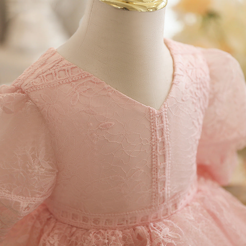 Toddler Prom Dress Girl Summer Princess Dress Pink Lace Puff Sleeve Dress