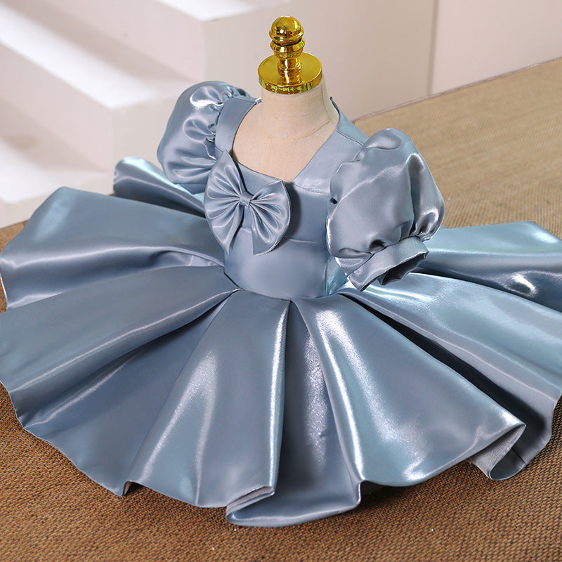 Toddler Prom Dress Girl Summer Vintage Blue Bow Birthday Party Formal Dress