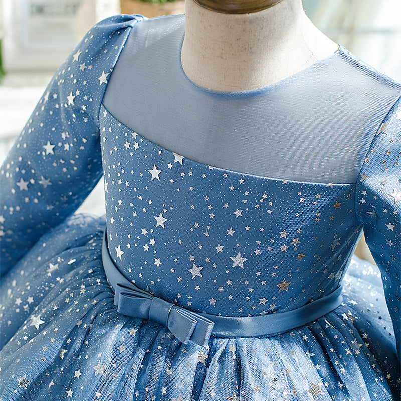 Baby Girl Birthday Party Dresses Toddler Star Print Long Sleeve Blue Ball Gowns