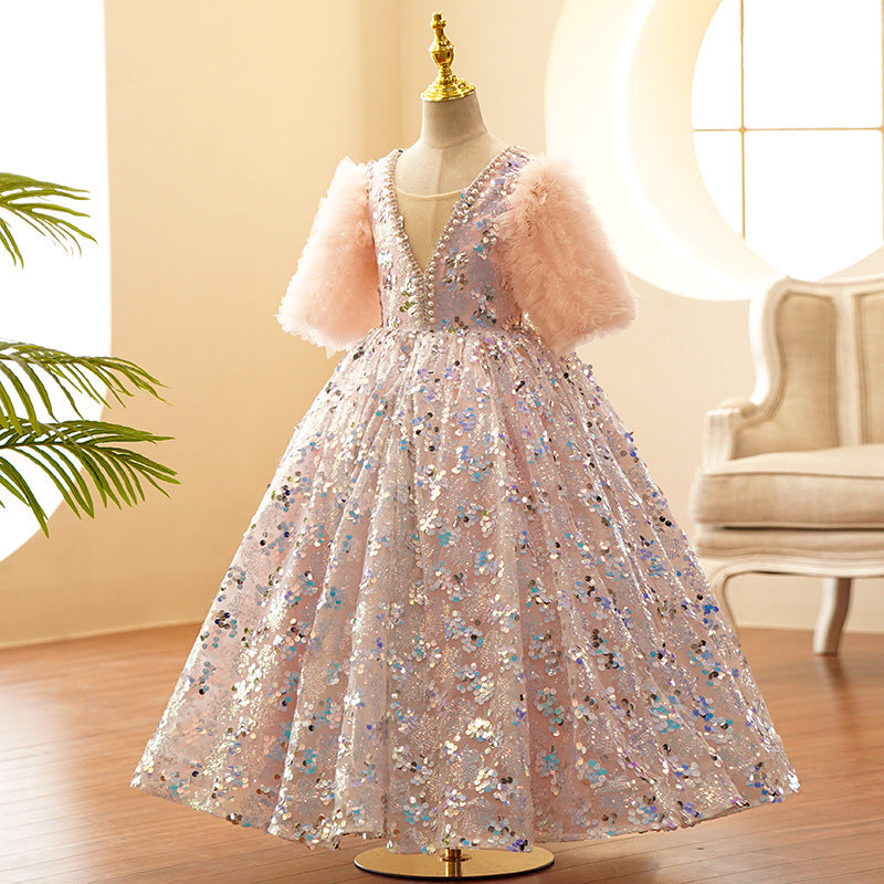 Toddler First Communion Dress Girls Plush Sleeves Pink Sequin Fluffy Princess Dress