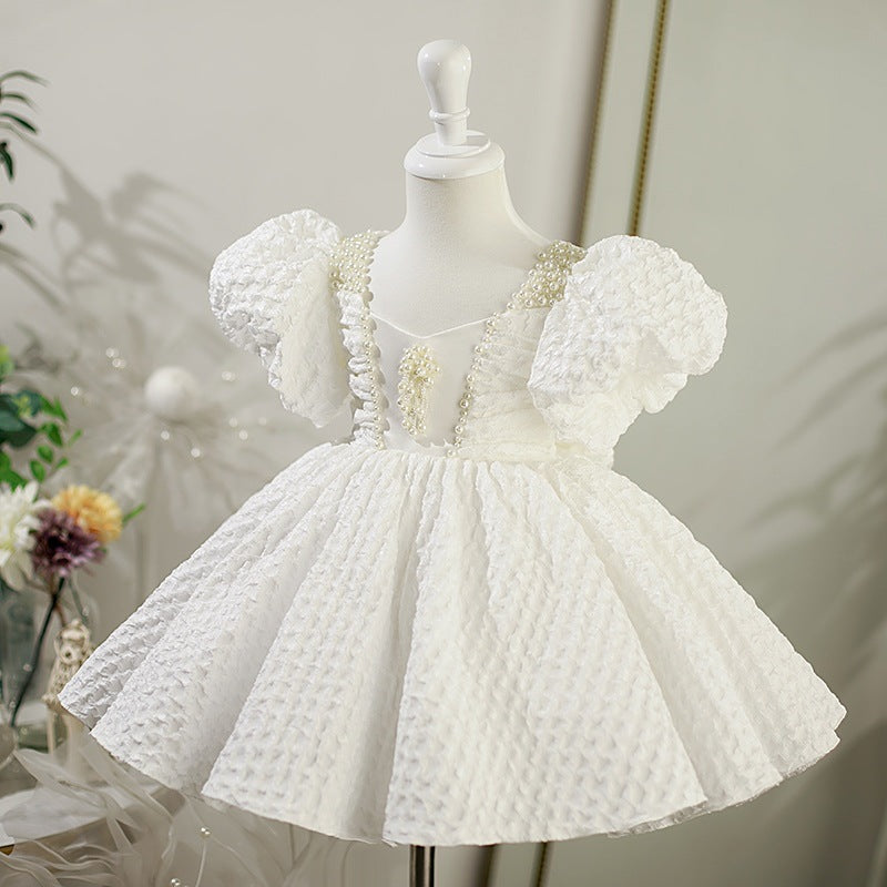 Toddler Prom Dress Girl Wedding Princess Dress White Puff Sleeve Beaded Baptism Dress