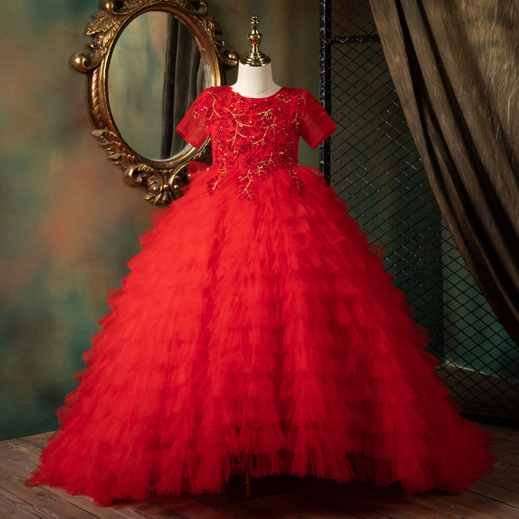 Girl Christmas Dress Toddler  Communion Dress Children Red Fluffy Princess Birthday Tail Gorgeous Pageant Dress