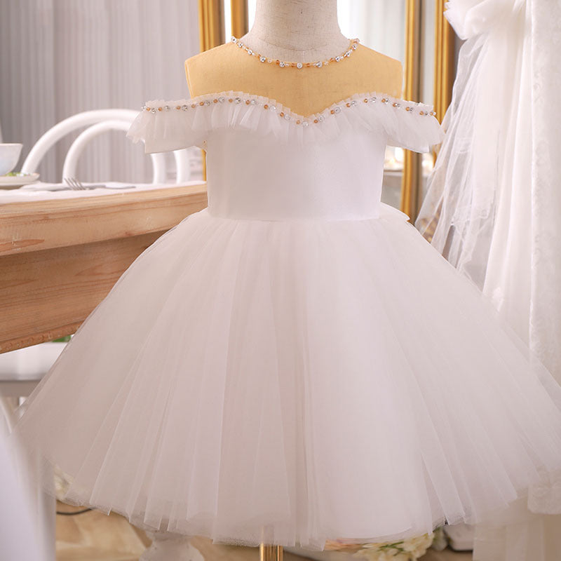 Toddler Ball Gowns Flower Girl Birthday Gold White Baptism Communion Princess Pageant Dress